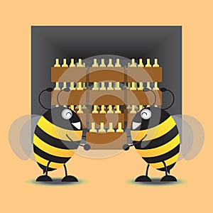 Two Bee Storage Honey Jar Into The Warehouse. Vector Illustration