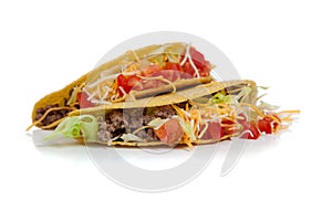 Two beef tacos on white with copy space