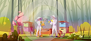 Two beekeepers work near apiary in forest.