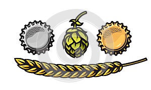 Two beer bottle caps silver and gold, hop cone and barley or wheat ear. Design element for beer prodaction, brewery