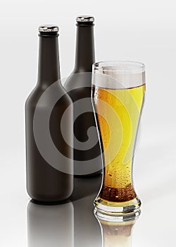 Two beer bottles and a glass of beer isolated on white background. 3D illustration