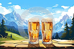 two beer in fictional bavarian landscape in germany