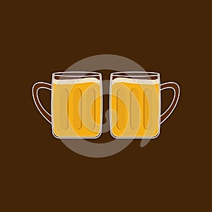 Two beer glasses mug with foam cap froth bubble. Flat design