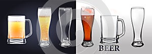 A set of photos of realistic beer mugs isolated on a transparent background. One empty mug and one full mug. Glass full with blond