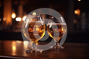 Two Beer glasses on wood with pub background