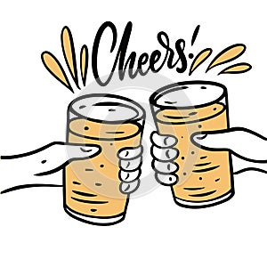 Two beer mugs, Cheers phrase. Hand drawn vector illustration