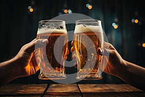 Two beer mugs in hands clink in a pub over a wooden table