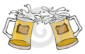 Two Beer Mugs With Light Ale or Lager. Clink with Splash. Isolated On a White Background. Realistic Doodle Cartoon Style Hand Draw