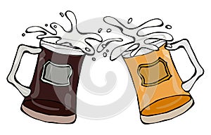 Two Beer Mugs With Light and Dark Beer. Clink with Splash. Isolated On a White Background. Realistic Doodle Cartoon Style Hand Dra