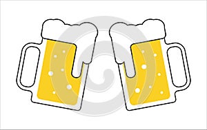 Two beer mugs with white foam isolated on white background. Cheers beer glasses vector illustration