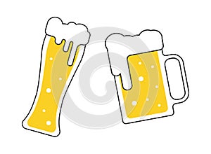 Two beer mugs with white foam isolated on white background. Cheers beer glasses vector illustration