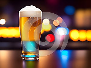 two beer mugs on wooden table in a pub with blurred background, Ai generated