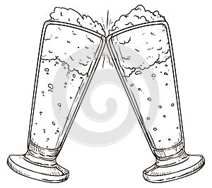 Two beer in pilsner mug toasting in hand drawn style, Vector illustration