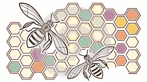 Two Bees on Hexagonal Pattern Illustration Insects and Geometry, vector design Generative AI
