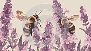 Two bees on lavender flowers with a white background, AI