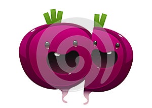 Two beet cartoon character bright juicy on a white background