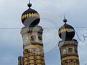 Two bell towers of the synagogue of Budapest in Hungary.