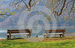 Two benches, idyllic lake schliersee