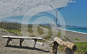 Two Benches with Wind Turbine Farm