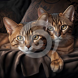 Two Bengal cats lying on the bed. Close-up portrait.