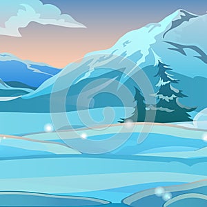 Two bent spruce on the background of snow on a clear frosty morning. Sunrise in the snowy mountains. Sketch for