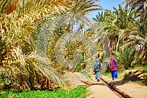 Two berber women in oasis of Merzouga village in Sahara desert, Morocco