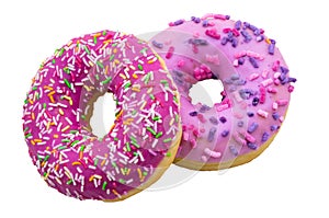 Two berry donut, pink donut, three, two donut in a pink glazet, strawberry and raspberry doughnuts, walnut donut on a white