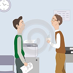 Two best friends, collegue tell about something, gossip, laughing at workplace. Vector photo