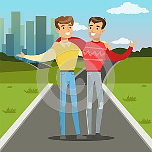 Two best male friends walking on city street, young people hugging, friendship concept vector Illustration