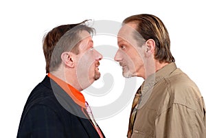 Two bewildered men facing