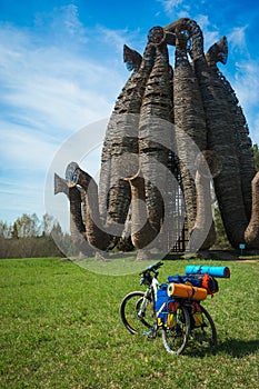 Two bicycles with luggage on meadow in Kaluga region, Russia