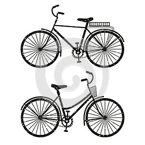 Two bicycles for men and women set. Vector monochrome black illustration isolated on white background.