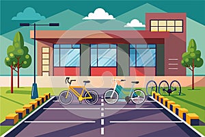 Two bicycles parked on a tennis court under the bright sun, Bike parking Customizable Flat Illustration