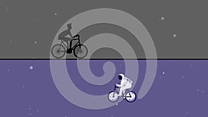 Two bicyclists riding a bike in space and on the road at night  illustration.