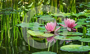 Dve veľký úžasný jasný ružový voda ľalia kvety oranžový západ slnka v záhrade rybník. krásny odráža v voda 