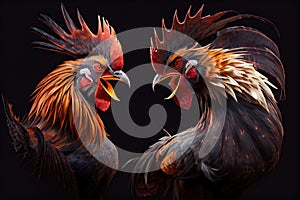 two big beautiful fighting roosters with sharp beaks for cockfights photo