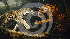 Two Big Cats Confrontation in Dark Jungle