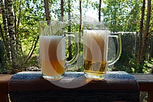 Two big high glasses with fresh beer on the nature background front view close-up