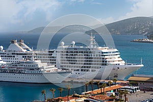 Two big luxury cruise ships in the Kusadasi harbor in Turkey