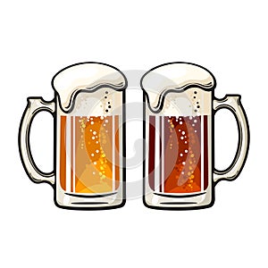 Two big mugs of beer dark and light with foam and bubbles. Hand drawn vector illustration isolated on white background