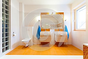 Two big sinks and mirror at family bathroom