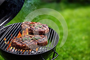 Two big steakes grilling on charcoal kettle grill outdoors in yard. Generative Ai