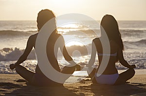 Two Bikini Women Girls Sitting Sunset Sunrise Beach