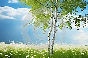 Two birch trees with white trunks and green leaves on a field with green grass against a blue sky. Rural summer landscape