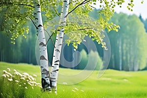 Two birch trees with white trunks and green leaves on a field with green grass against a background of forest and blue sky. Rural