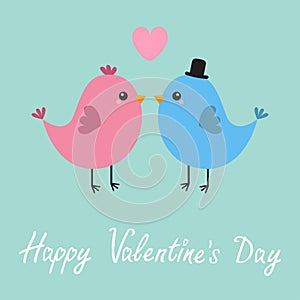 Two bird couple. Pink heart. Happy Valentines Day. Love Greeting card. Boy, girl. Black hat. Cute cartoon kawaii baby character.