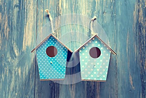 Two birdhouses on antique rustic wood