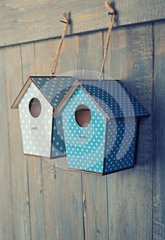 Two birdhouses hang on with wood background.