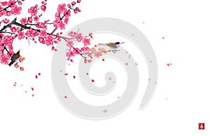 Two birds on blossoming sakura tree branch and petals on the wind. Traditional oriental ink painting sumi-e, u-sin, go