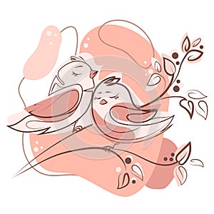 Two birds on a branch being in love,Spring time concept, line art drawing with abstract light pastel shapes vector